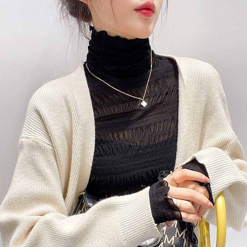 褶皱木耳网纱上衣堆堆高领蕾丝打底衫女秋冬长袖洋气毛衣内搭纱衣,淘宝优惠券,粉丝福利购,淘宝优惠卷