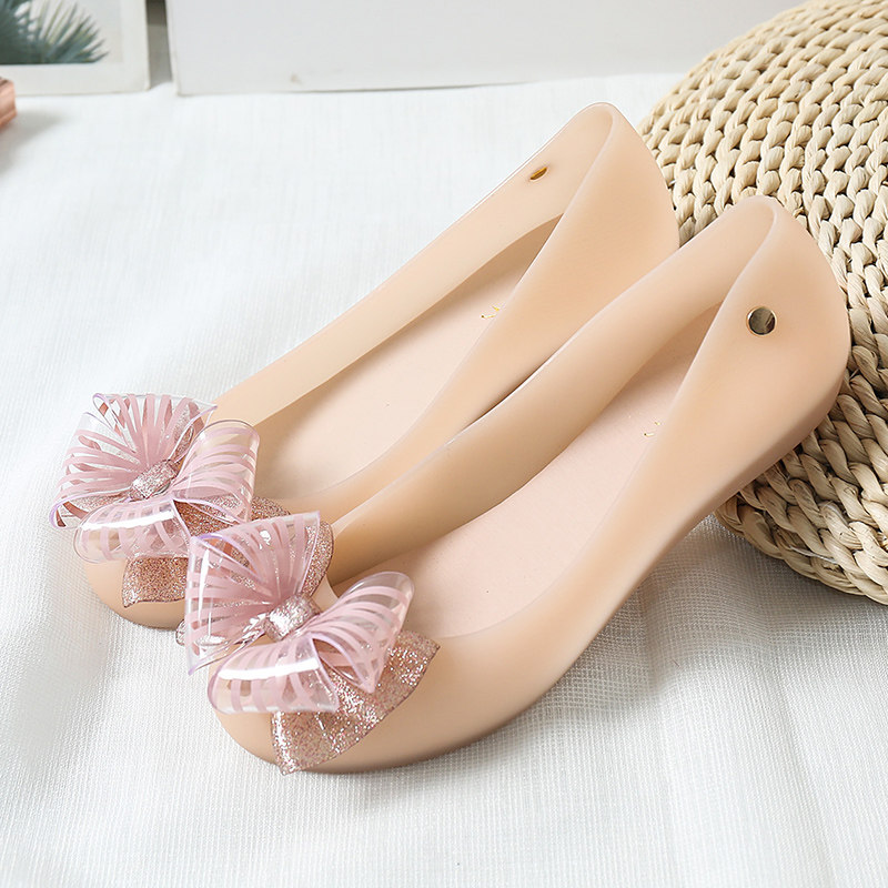 塑料凉鞋女果冻鞋防水沙滩鞋水晶透明平底浅口鱼嘴蝴蝶结夏季雨鞋