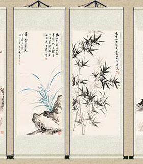 梅兰竹菊精品套装四副已装裱卷轴画丝绢中国风古画家居装饰送礼物