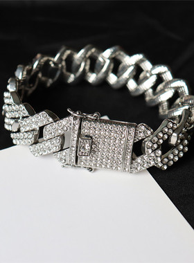 合金条形男镶满钻加宽菱形古巴链