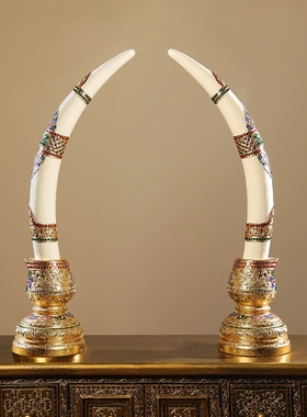 东南亚风木雕象牙会所金箔摆件