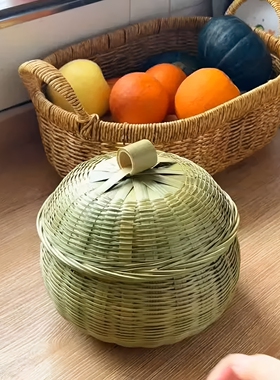 南瓜造形竹篮带盖子茶叶盒鸡蛋篮