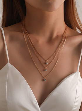 欧美时尚手工多层水钻吊坠项链女新款流行简约链条项饰佐文