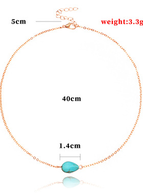 蓝绿松石吊坠精致简约欧美女式合金电镀项链新款颈链宝石