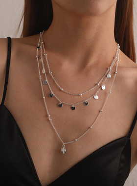 圆片仙人掌吊坠项链女士简约圆珠链条多层项饰合金锁骨