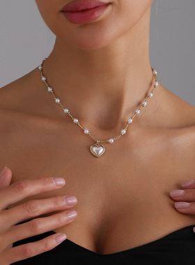 甜酷清新镶嵌爱心珍珠吊坠项链女时尚百搭拼接风