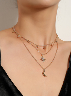 月牙镶钻星芒项链女热销铃铛百搭毛衣项饰多层闪闪