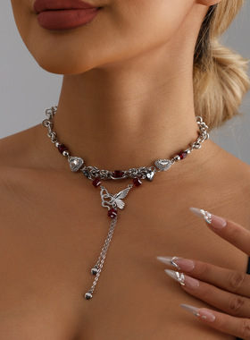 甜酷辣妹风蝴蝶水晶锆石流苏锁骨链性感y2k项链欧美跨境饰品ins