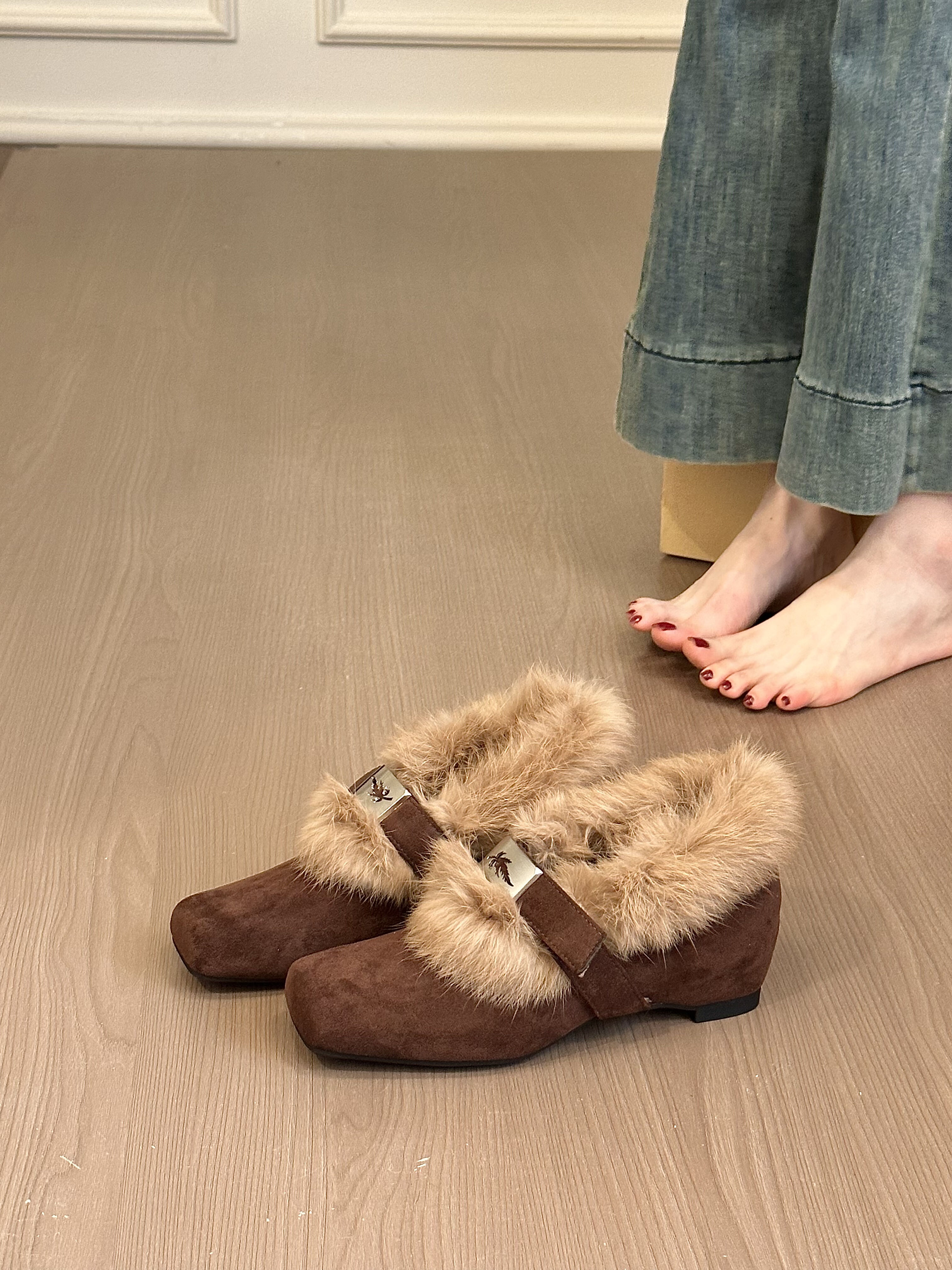 titing古早老钱风！复古绒面方头搭扣毛毛单鞋女冬加绒内增高单鞋,淘宝优惠券,粉丝福利购,淘宝优惠卷