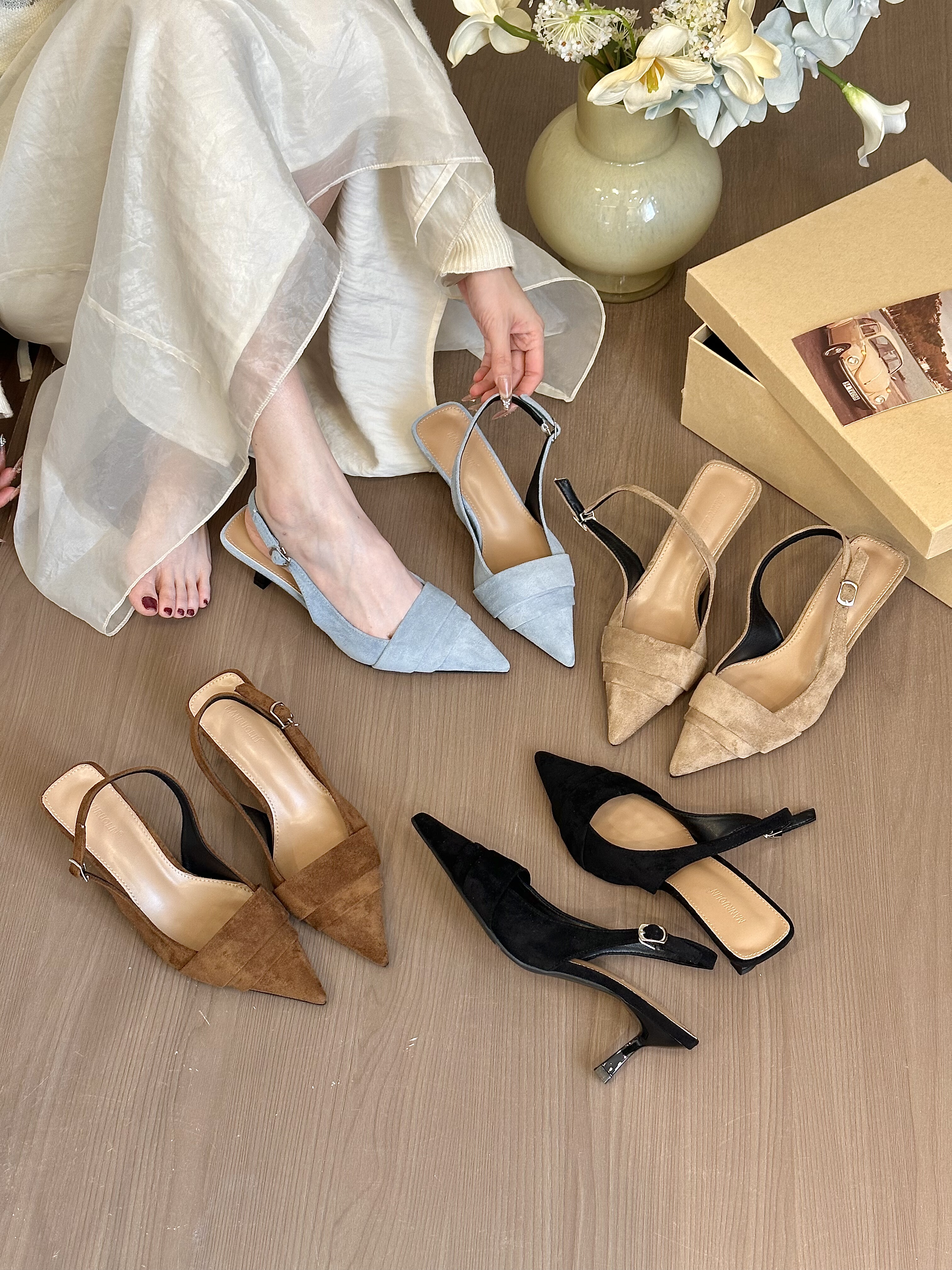 titing仙本那蓝！气质绒面尖头褶皱猫跟包头后空凉鞋女春高跟鞋,淘宝优惠券,粉丝福利购,淘宝优惠卷