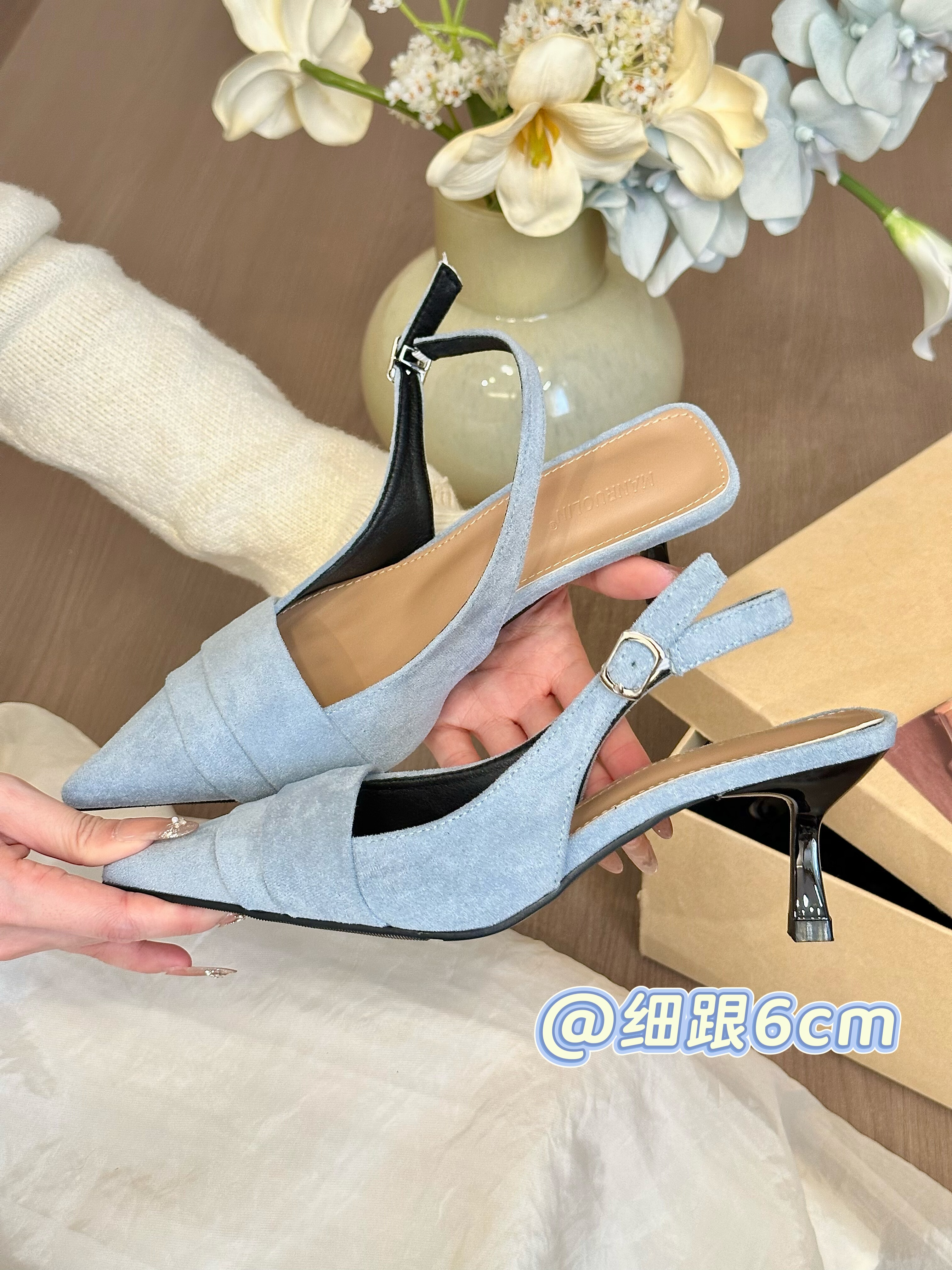 titing仙本那蓝！气质绒面尖头褶皱猫跟包头后空凉鞋女春高跟鞋,淘宝优惠券,粉丝福利购,淘宝优惠卷