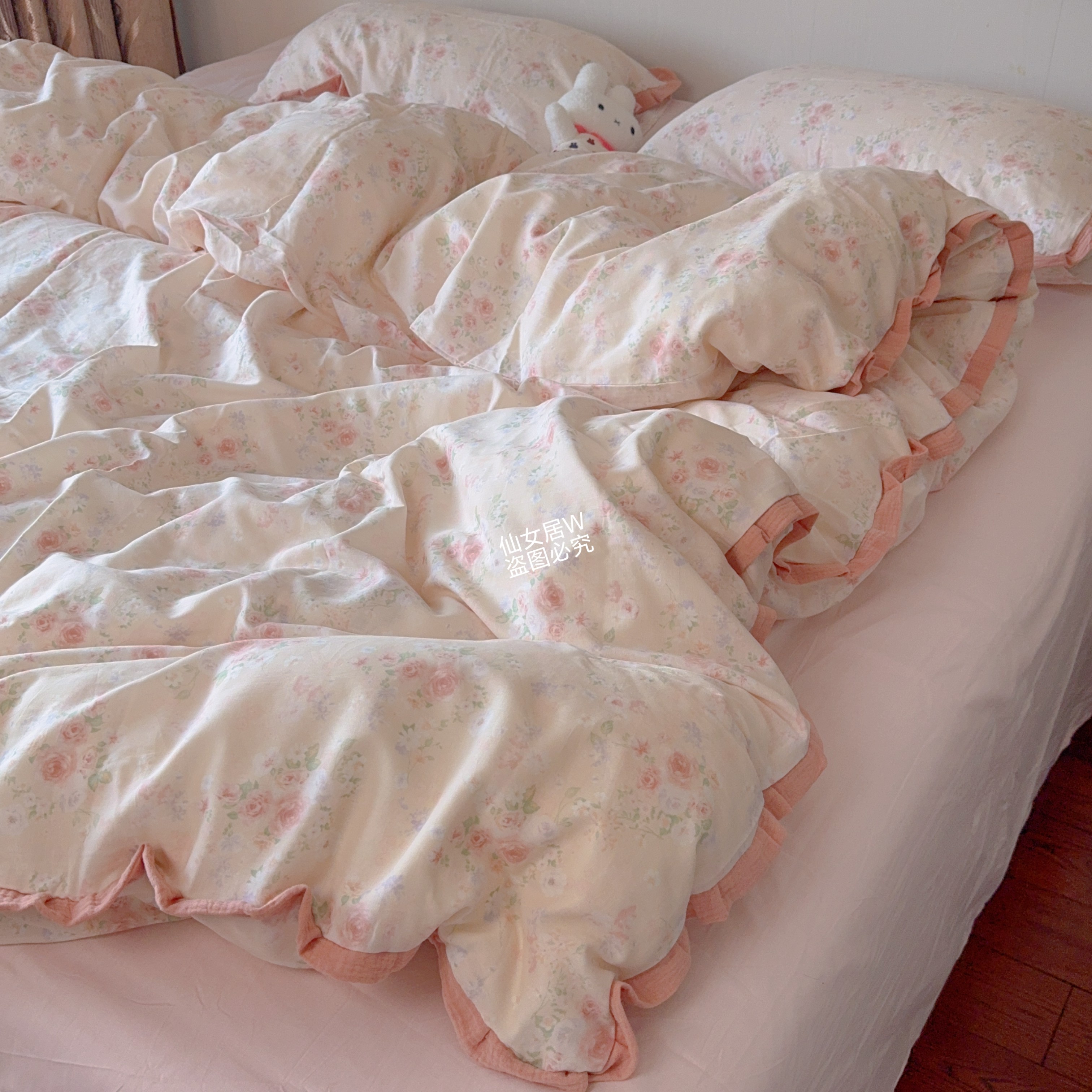 抖音爆款A类全棉有氧双层纱四件套纯棉镂空花边被套四件套三件套