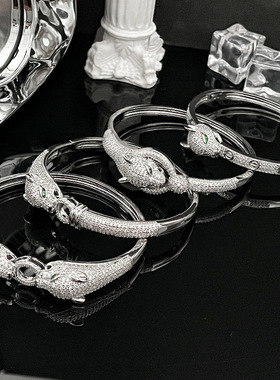 s925纯银欧美手镯绿眼满钻豹子微镶开口手环女潮时尚轻奢精致重工