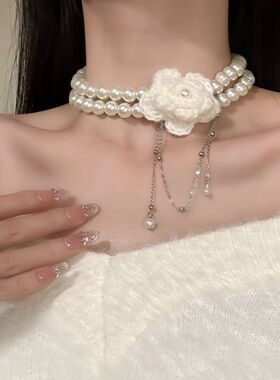 颈链花朵双层珍珠项链优雅小众设