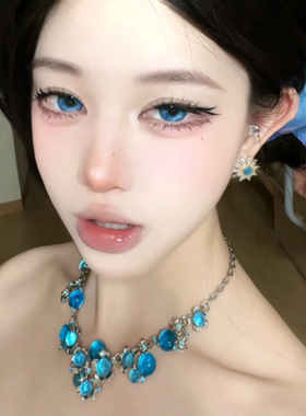 蓝色水晶花朵项链女新款轻奢锁骨