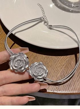 银玫瑰花锁骨链项饰小众冷淡风甜酷辣妹项链2023年新款颈链女饰品