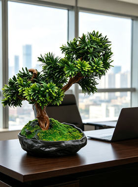 仿真罗汉松盆景假树客厅玄关茶室餐厅装饰摆件新中式家居绿植摆件