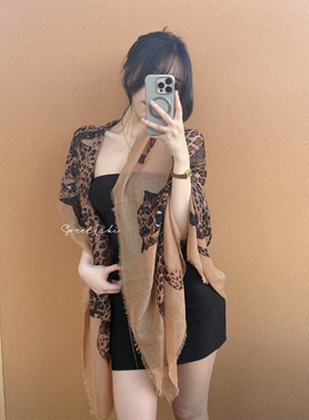 SweetKiki 有点小钱的富婆|金钱豹棉麻围巾纹长披肩拆须薄围脖女