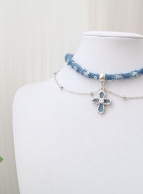 甜酷辣妹牛仔颈带吊坠配饰女小众choker脖子叠戴牛仔项链锁骨链潮