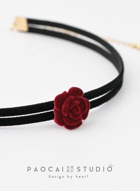 原创酒红植绒玫瑰花朵颈链新优雅气质锁骨链女短款项圈choker