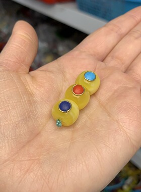 文玩配饰蜜蜡镶嵌红绿灯12mm一组金刚星月菩提配饰配件