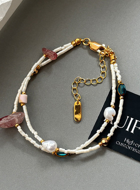 天然淡水小米珍珠草莓晶双层细手链叠戴女轻奢小众精致高级感手饰