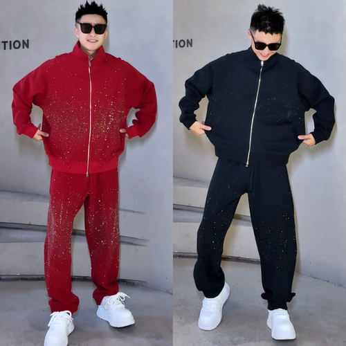春季爆款时尚烫钻满天星运动套装潮流个性痞帅男士外套长裤两件套 - 图2