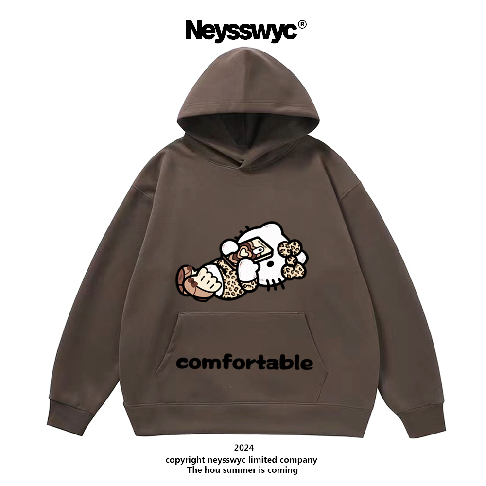 NEYSSWYC 玩手机KT杏色咖色可爱猫连帽卫衣秋冬休闲百搭小众长袖 - 图0