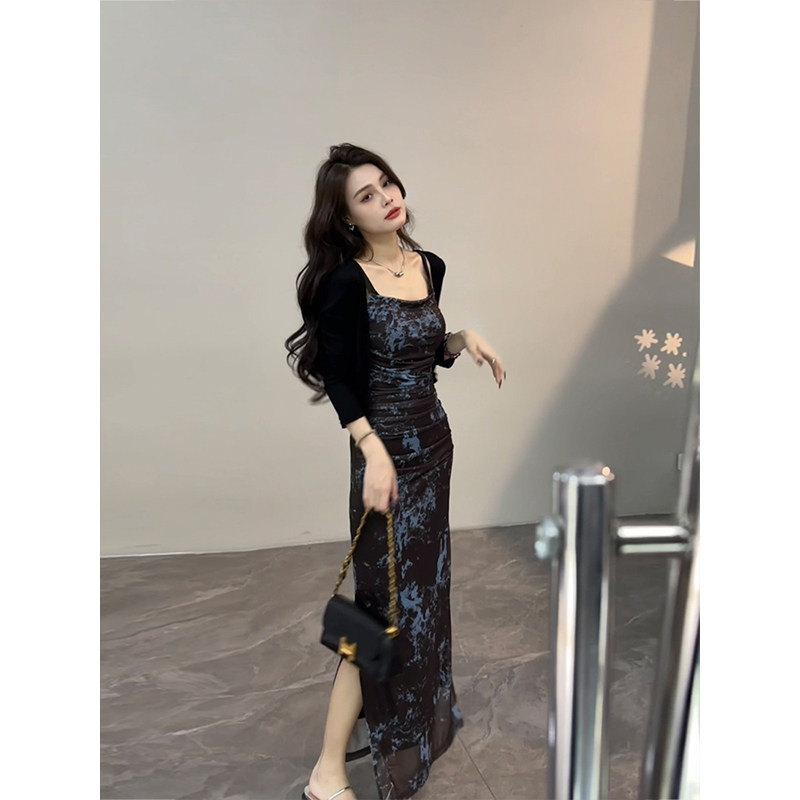 大婷婷 高级感墨染复古修身连衣裙开叉包臀新款吊带长裙DT1215,淘宝优惠券,粉丝福利购,淘宝优惠卷