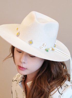 白色毛呢礼帽宽檐爵士帽秋冬