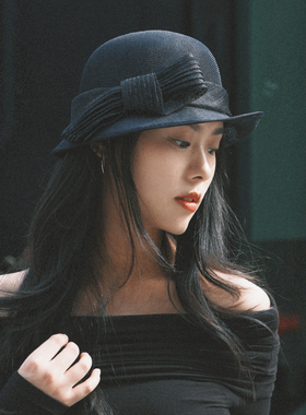 夏季新款麻纱礼帽女优雅轻盈小檐渔夫帽手工花朵装饰复古气质帽子