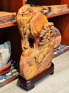 红丝石天然原石精雕山水摆件山是靠山水代表财红色寓意鸿运当头