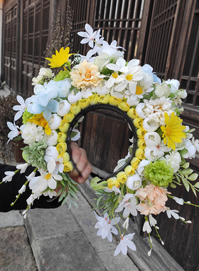 绿色系仿簪花汉服绢花头饰花围发饰民族风拍摄写真花朵发箍大花环