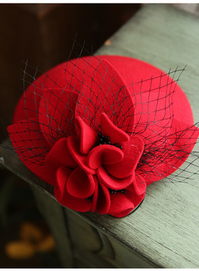 复古网纱暗红色黑色新娘优雅花朵