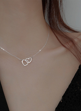 【通体钛钢】双环心形爱心扣吊坠项链保色钛钢锁骨链女