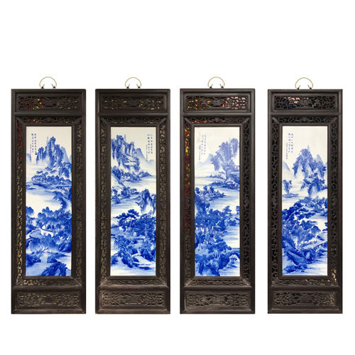 景德镇陶瓷手绘青花梅兰竹菊四条屏挂画中式仿古客厅装饰画实木框 - 图1