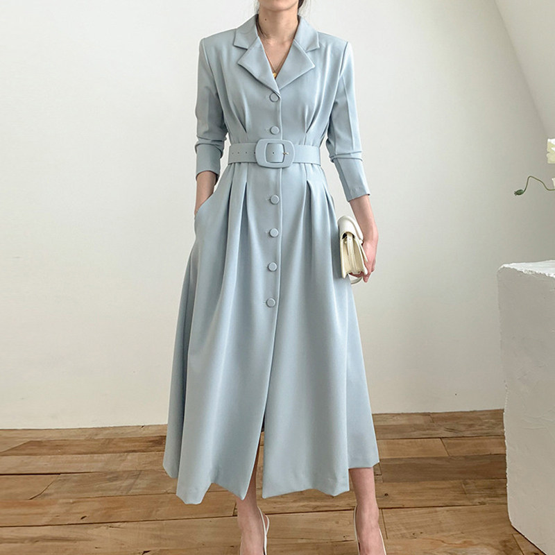 韩国chic秋季法式气质西装领单排扣收腰显瘦长袖纯色连衣裙长裙女,淘宝优惠券,粉丝福利购,淘宝优惠卷