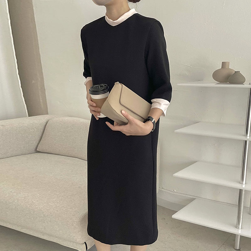 韩国chic早春简约撞色拼接立领背后系带蝴蝶结七分袖长款连衣裙女 - 图3