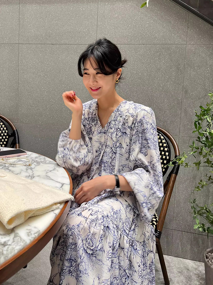 韩国chic春季法式复古水墨碎花系带收腰长款泡泡袖雪纺连衣裙女 - 图1