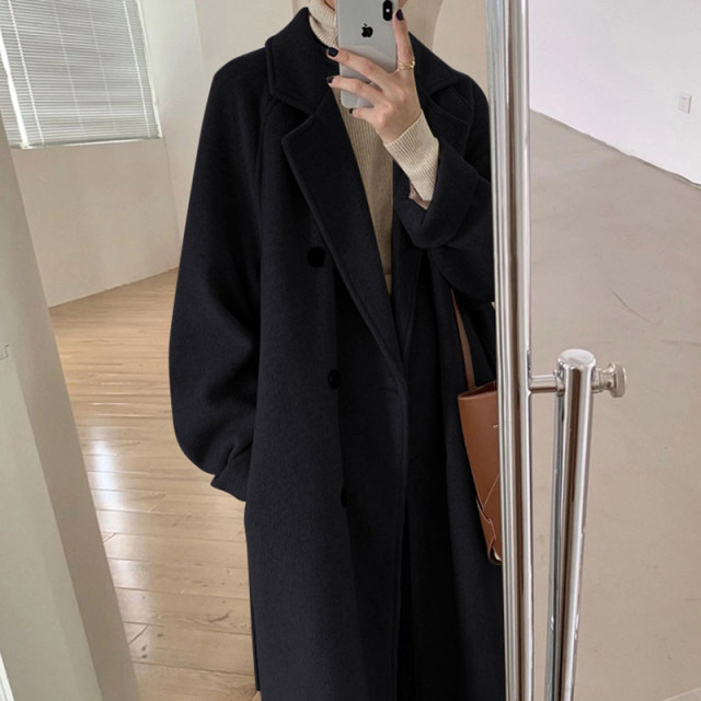 Chic suit collar double breasted long woolen coat for women