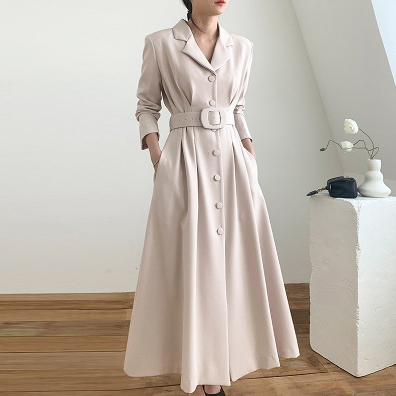 韩国chic秋季法式气质西装领单排扣收腰显瘦长袖纯色连衣裙长裙女,淘宝优惠券,粉丝福利购,淘宝优惠卷