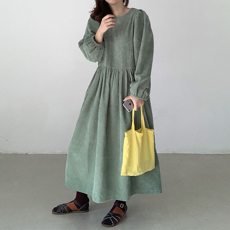 韩国chic早秋设计感小众圆领泡泡袖条纹纹理感休闲宽松长袖连衣裙 - 图2