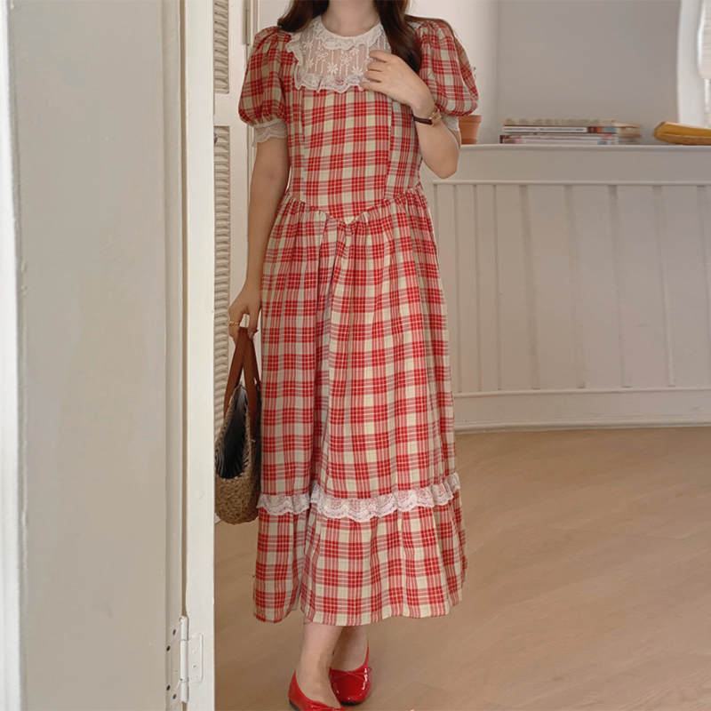 韩国chic夏季法式复古圆领拼接蕾丝撞色格子收腰显瘦泡泡袖连衣裙-图3