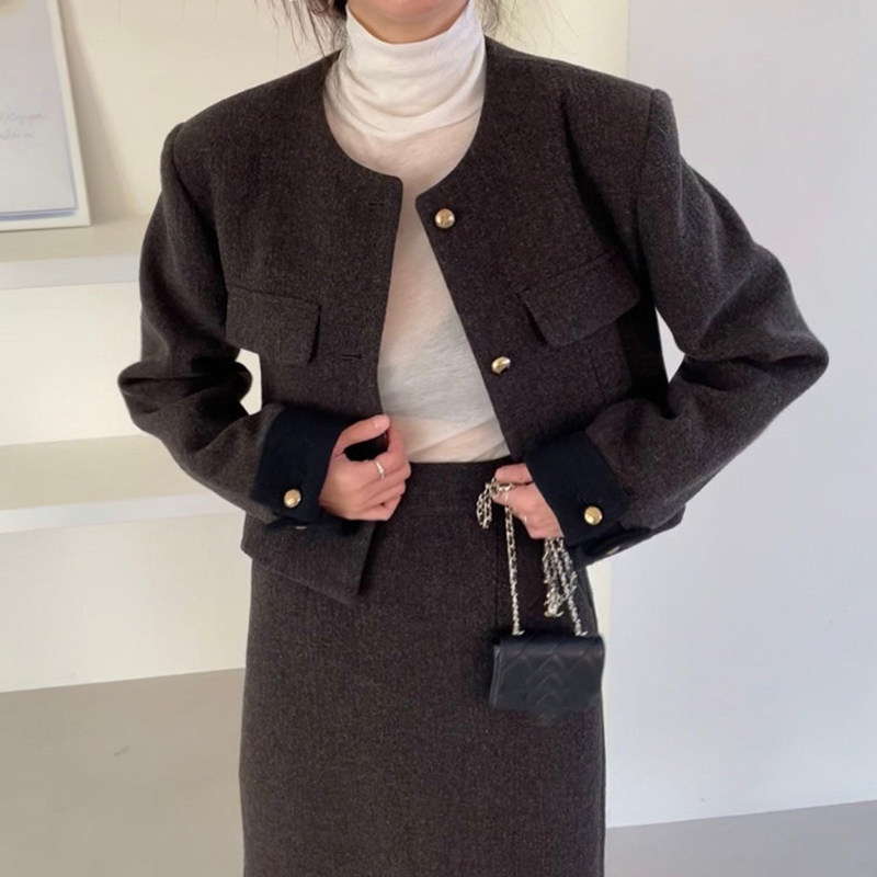 韩国chic复古简约圆领撞色长袖毛呢外套+高腰后开叉半身裙套装女,淘宝优惠券,粉丝福利购,淘宝优惠卷