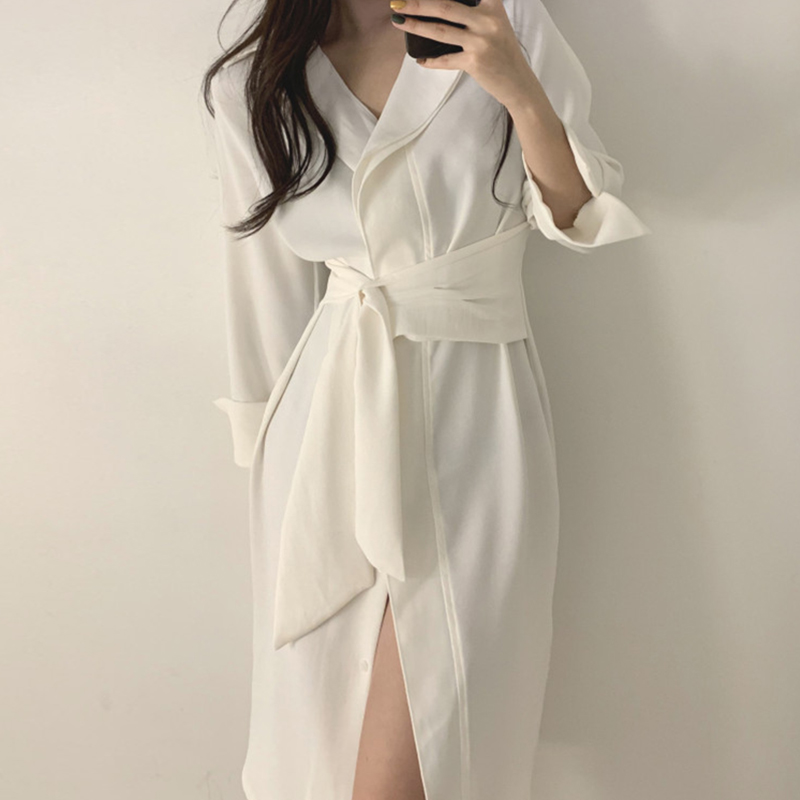 韩国chic秋季法式气质翻领单排扣绑带收腰显瘦中长款衬衫连衣裙女 - 图0