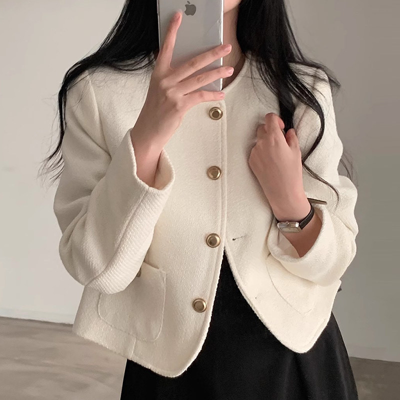 韩国chic秋季法式高级感金属单排扣宽松通勤百搭长袖毛呢短外套女,淘宝优惠券,粉丝福利购,淘宝优惠卷