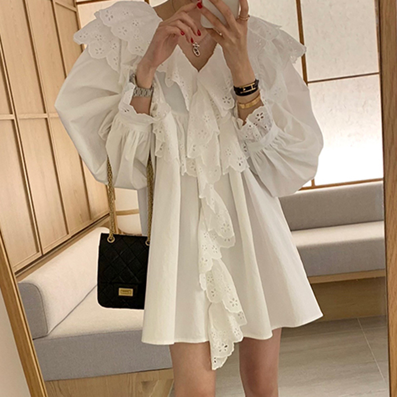 韩国chic春季法式气质V领拼接蕾丝荷叶边设计收腰显瘦长袖连衣裙 - 图2