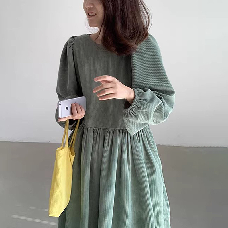 韩国chic早秋设计感小众圆领泡泡袖条纹纹理感休闲宽松长袖连衣裙 - 图1