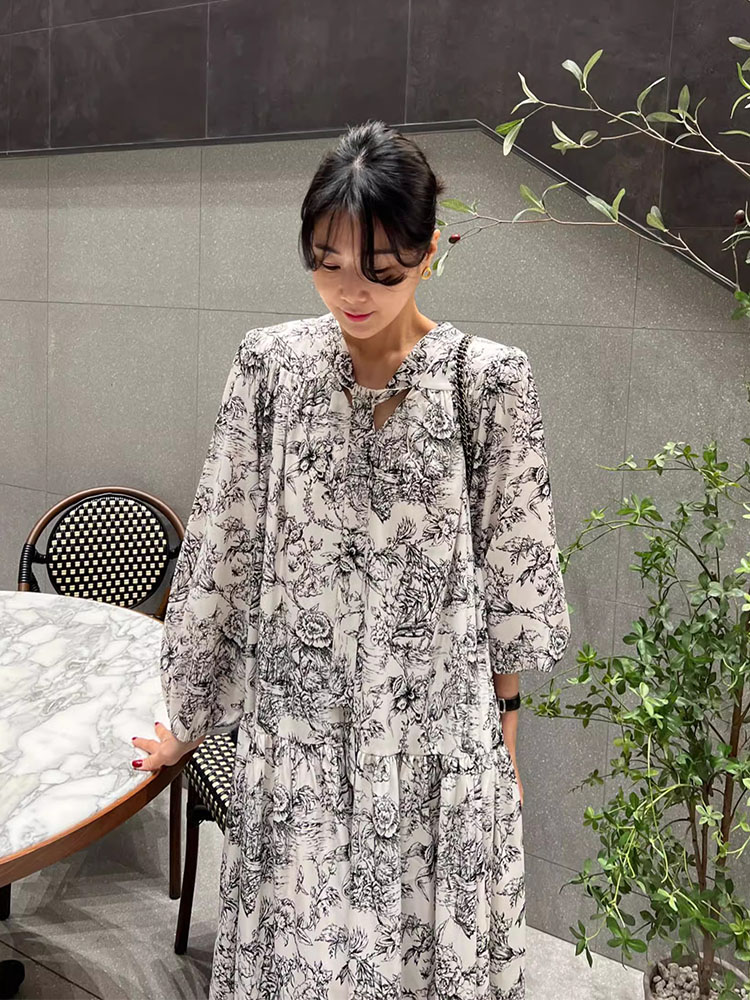 韩国chic春季法式复古水墨碎花系带收腰长款泡泡袖雪纺连衣裙女 - 图2