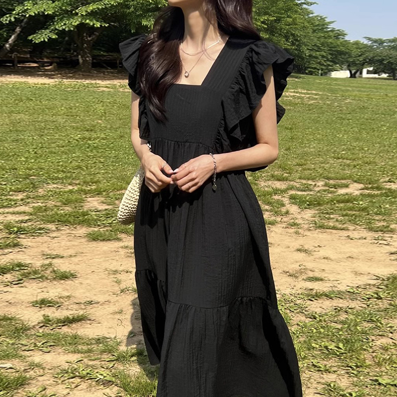 复古小众黑色连衣裙女装夏季新款轻熟风宽松休闲飞飞袖纯色长裙子 - 图1
